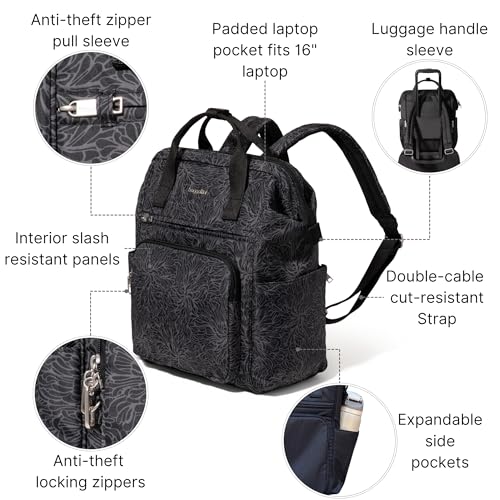 Baggallini Securtex Anti-Theft Windsor Backpack for Travel, Work & College, RFID & Locking Zipper, Up to 16" Laptop - color: Midnight Blossom Print