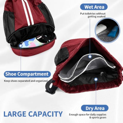 JELUTAR Drawstring Backpack Gym Bag with Shoes Compartment, Burgundy - color: Burgundy, size: Medium