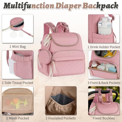 Diaper Bag Backpack, 22L Large Quilted Small Baby Bag with Changing Pad & Pacifier Case, Stroller Hooks, Easy-Access Baby Essential, Maternity Travel Backpack Unisex, Pink - color: Pink, size: Small