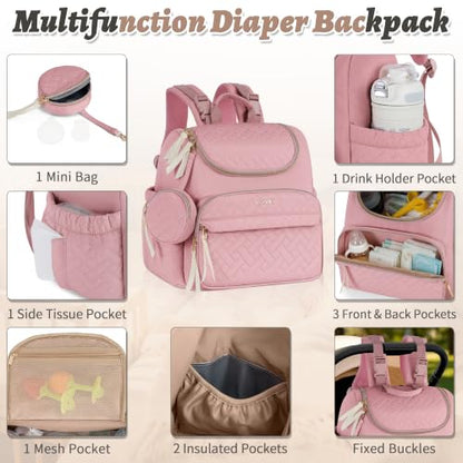 Diaper Bag Backpack, 22L Large Quilted Small Baby Bag with Changing Pad & Pacifier Case, Stroller Hooks, Easy-Access Baby Essential, Maternity Travel Backpack Unisex, Pink - color: Pink, size: Small