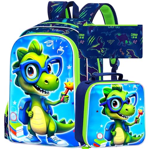 16" Dinosaur Backpack for Boys, 3Pcs Bookbag with Lunch Box, Kids School Backpacks Set for Elementary Preschool Kindergarten (Green) - color: Dinosaur Blue