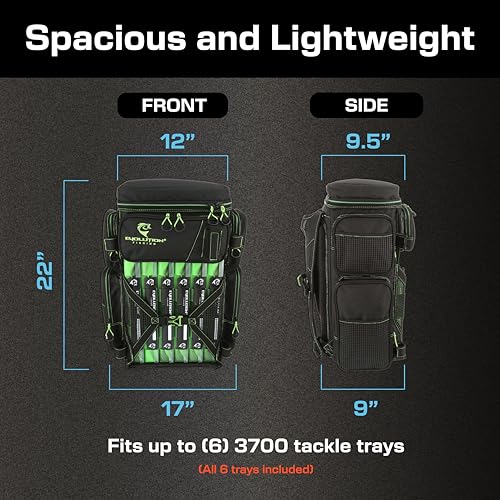 Evolution Fishing Drift Series Tackle Backpack, Outdoor Rucksack w/ 6 Fishing Tackle Trays, Heavy Duty - color: Green, size: 3700