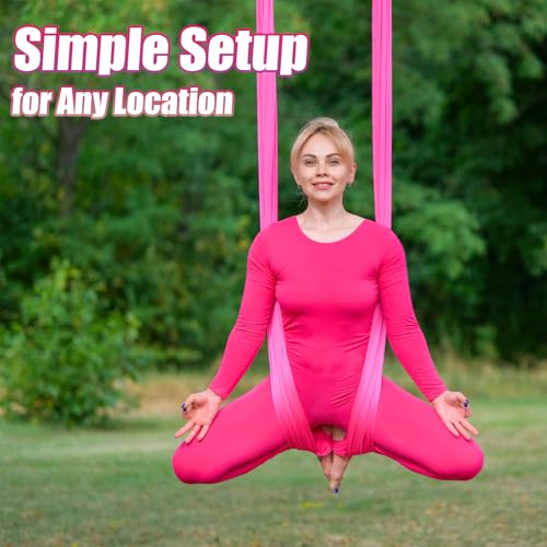 Aerial Silks Kit & Aerial Yoga Hammock - 11Yd Premium Fabric with Hardware - Easy Setup for Flying Yoga, Aerial Swing & Fitness - Supports Up to 14ft Rigging - color: Hot Pink