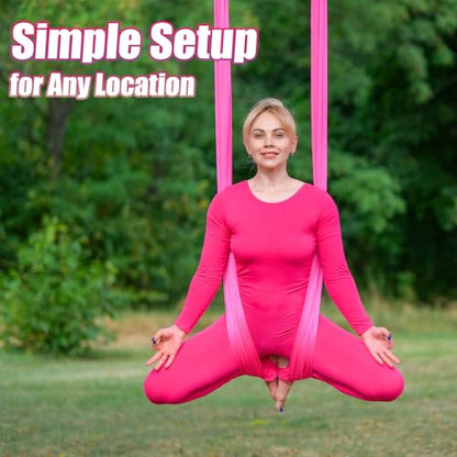 Aerial Silks Kit & Aerial Yoga Hammock - 11Yd Premium Fabric with Hardware - Easy Setup for Flying Yoga, Aerial Swing & Fitness - Supports Up to 14ft Rigging - color: Hot Pink