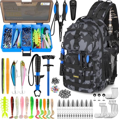 PLUSINNO Fishing Backpack with Tackle Boxes, Waterproof Fishing Sling Tackle Bag For Fishing Gear With Rod Holder, Fishing Gifts for Men With Fishing lures, Fishing pliers. - color: Black Fishing Backpack With Fishing Tools