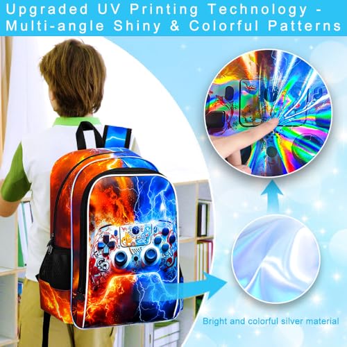 AGSDON 3PCS Game Console Backpack for Boys, 17" Kids Bookbag with Lunch Box for Boy, Flame Thunder Backpacks Water Resistant and Lightweight for Teen - color: Game