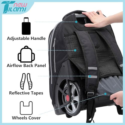 NEW TILAMI 19 Inch Rolling Backpack with Lunch Bag for Girls Boys Wheeled Laptop Backpack Durable Carry-on Bag School Travel, Skate Board - color: Black Skate Board