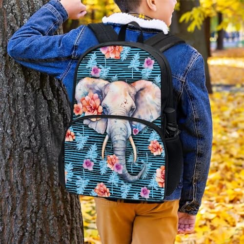 Talayituse Elephant Flower Palm Leaf Print Backpack for Girls Boys Aesthetic Elementary School Bookbag School Bag with Zippe Pocket Lightweight Laptop Rucksack Daypack with Adjustable Straps - color: Elephant Flower Palm Leaf