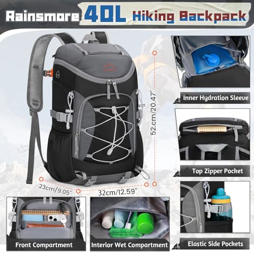 RAINSMORE Foldable Hiking Backpack for Women Men Packable Camping Backpack 40L Waterproof Hiking Daypack Bag Lightweight Collapsible Daypack for Travel Trekking Mountaineering Large Capacity Black - color: Black and Grey
