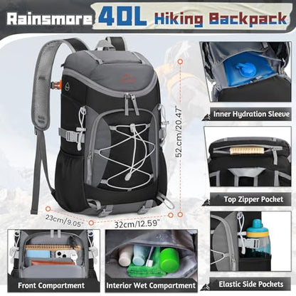 RAINSMORE Foldable Hiking Backpack for Women Men Packable Camping Backpack 40L Waterproof Hiking Daypack Bag Lightweight Collapsible Daypack for Travel Trekking Mountaineering Large Capacity Black - color: Black and Grey