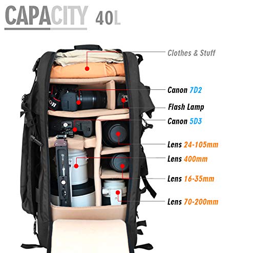 41L Large Professional DSLR Camera Backpack & Laptop Travel Camera Bag With Rain Cover for Digital Cameras, Tablet, Lens Kit for Full Frame Mirrorless Digital Camera - size: 41L