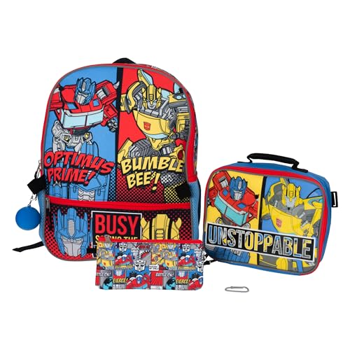 AI ACCESSORY INNOVATIONS Transformers 5 PC Backpack Set, Bumblebee & Optimus Prime School Bag 16”, Blue & Red - color: Transformers
