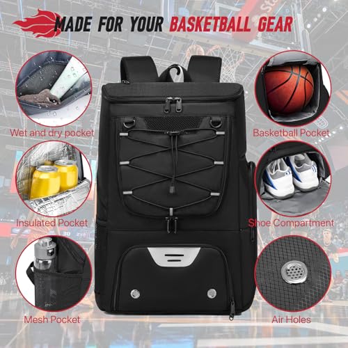 Basketball Backpack, Basketball Bag with Separate Ball Holder & Shoes Compartment Water Resistant Sports Bag Basketball Equipment Bags Fit Volleyball, Soccer, Swim, Gym, Travel, Black - color: Black