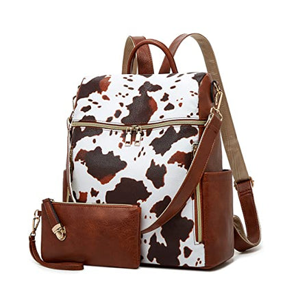 Makes Backpack Purse for Women PU Leather Travel Satchel Handbag Convertible Design Bag with Purse 2 Piece - color: Cow Brown Pattern
