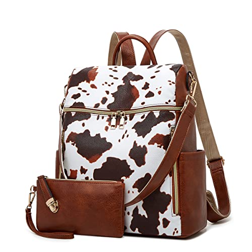 Makes Backpack Purse for Women PU Leather Travel Satchel Handbag Convertible Design Bag with Purse 2 Piece - color: Cow Brown Pattern