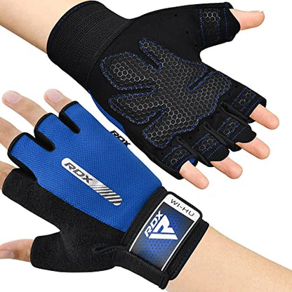 RDX Weight Lifting Gloves Gym Fitness Workout, Anti Slip Padded Full Palm Protection, Ultra Ventilated, Bodybuilding Strength Training HIIT WOD Exercise, Half Finger Men Women Cycling Rowing Climbing - color: Blue, size: Large