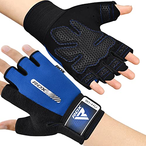 RDX Weight Lifting Gloves Gym Fitness Workout, Anti Slip Padded Full Palm Protection, Ultra Ventilated, Bodybuilding Strength Training HIIT WOD Exercise, Half Finger Men Women Cycling Rowing Climbing - color: Blue, size: X-Large