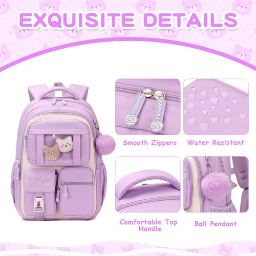 PIG PIG GIRL Kids Backpack for Girls School Bags for Middle School Students Book Bag for Elementary Primary Kawaii Ita Backpack, Purple and Beige - color: Purple and Beige