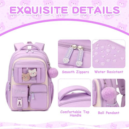 PIG PIG GIRL Kids Backpack for Girls School Bags for Middle School Students Book Bag for Elementary Primary Kawaii Ita Backpack, Purple and Beige - color: Purple and Beige