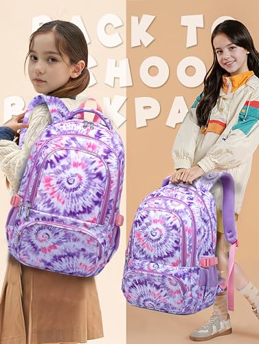 BLUEFAIRY Kids Backpack for Girls 17In Elementary Middle School Bookbag for Aged 6-8 8-10 10-12 Teens Childs Back to School Bag with Laptop Compartment Mochilas Escolares para Niñas de Tie-dye Purple - color: Light Orchid Purple