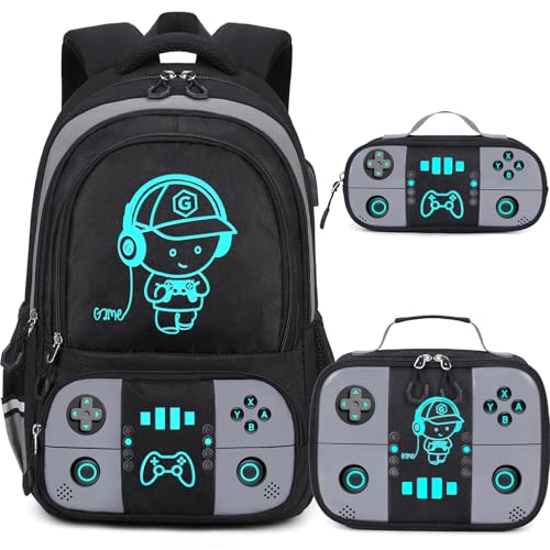 Bevalsa Backpack for School Boys, Cool Luminous Gamer Boys Schoolbag with Lunch Box & Pencil Case Set for Kids Teens Elementary Middle School, Bookbag Glow In The Dark(Black Backpack) - color: Black, style: Backpack