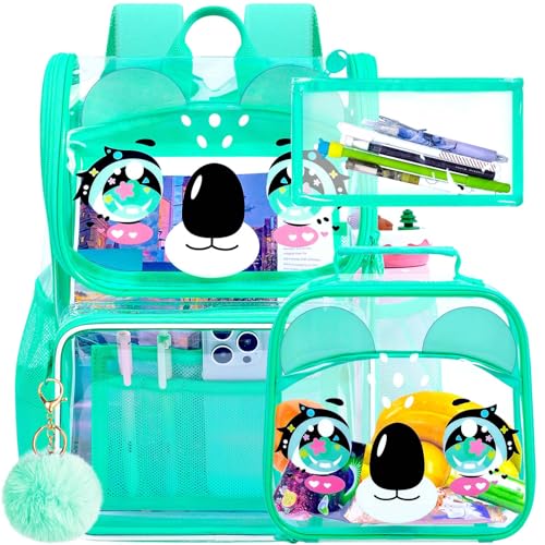 UFNDC 3PCS Clear Backpack for Girls and Boys, Unicorn Cat Transparent Bookbag, See Through School Bag for Kids Elementary - color: Koala Green Clear Backpack Set