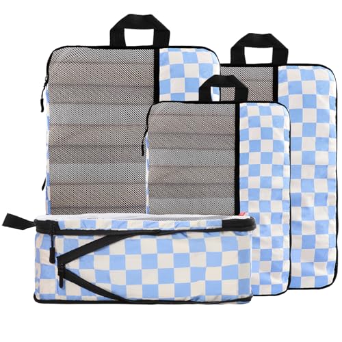 U+U 4 Set Compression Packing Cubes - Ultralight Travel Organizers, Space-Saving Suitcase Organizer, Expandable Packing Cubes for Travel, Business Trip and Family Vacation (Blue Checkered)