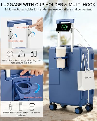 Hanke 20 Inch Top Opening Carry On Luggage with Cup Holder, Hard Shell Suitcase with Spinner Wheels, USB Ports, TSA Lock Aluminum Frame, Dry Wet Separation & Removable Divider, Interstellar Blue - color: Interstellar Blue, size: 20 Inch Pro