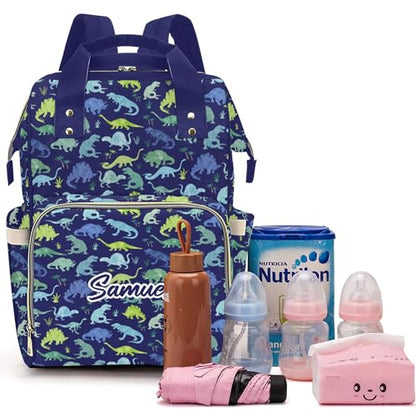 Customized Dinosaur Diaper Bag Backpack Nylon Blue Dino for Boys, Waterproof, Multifunctional, Large Storage Space Personalized Mommy Bag - color: Blue Dinosaur