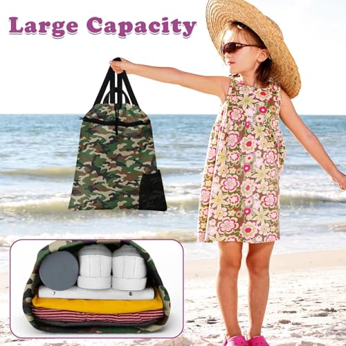 Green Camouflage Drawstring Backpack, 15” x 17” Waterproof Swim Bag for Beach Swimming Pool, Lightweight Foldable Gym Bag with Water Bottle Holder for Sports Travel - color: Camouflage