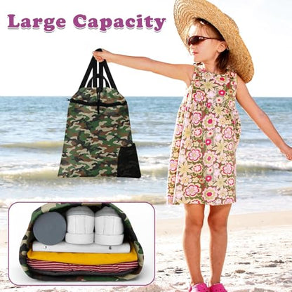 Green Camouflage Drawstring Backpack, 15” x 17” Waterproof Swim Bag for Beach Swimming Pool, Lightweight Foldable Gym Bag with Water Bottle Holder for Sports Travel - color: Camouflage