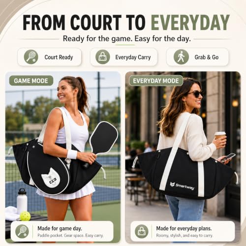 Smartway Pickleball Tote Bag for Women with Detachable Racket Sleeve - color: Black