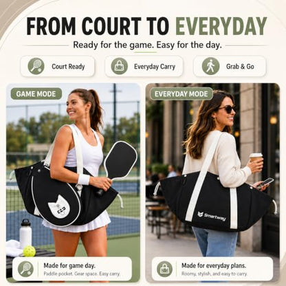 Smartway Pickleball Tote Bag for Women with Detachable Racket Sleeve - color: Black