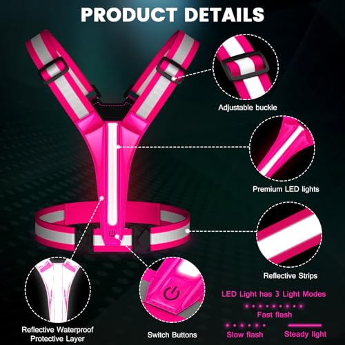 Fokia Kunbio LED Reflective Running Vest Gear,Light Up Vest Runners Night Walking USB Rechargeable,Up to 11hrs Light with Adjustable Waist/Shoulder for Women Men Kids - color: Pink