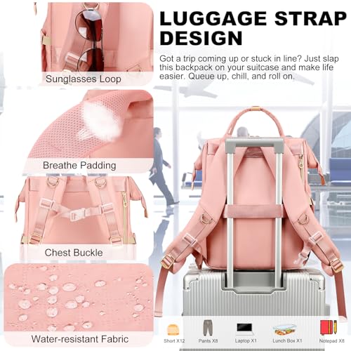AIJIEKE Lunch Backpack for Women, 15.6 Inch Laptop Backpack with Detachable Insulated Cooler Lunch Box, 2-in-1 Water Resistant Work Computer Bag for Nurse Teacher College Commute, Pink - color: Pink