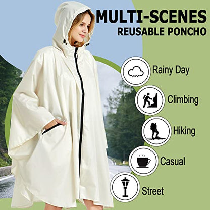 Fashion Hooded Rain Poncho Waterproof Raincoat Jacket with pocket for Women/Men/Adult - color: Beige