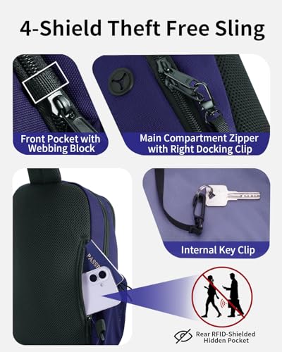 ECOHUB Anti-Theft Crossbody Bag Men Women, RFID Blocking Lightweight Sling Backpack Eco-Friendly with 9 Pockets Sturdy SBS Zippers Water Resistant for Travel Work Hiking Outdoor, Blue - color: Blue