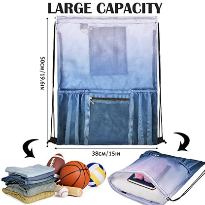 Mesh Drawstring Bag with Zipper Pocket, Beach Bag for Swimming Gear Backpack Gym Storage Bag for Adult Kids - color: Grey