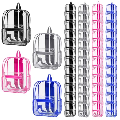 Silkfly 48 Pack Clear Backpacks Bulk PVC Transparent Bookbags Heavy Duty See Through Bags with Pockets for Stadium Work Travel (17 x 12.5 x 5.2 Inches,Black,Gray,Blue,Pink) - color: Black, Gray, Blue, Pink, size: 17 x 12.5 x 5.2 Inches