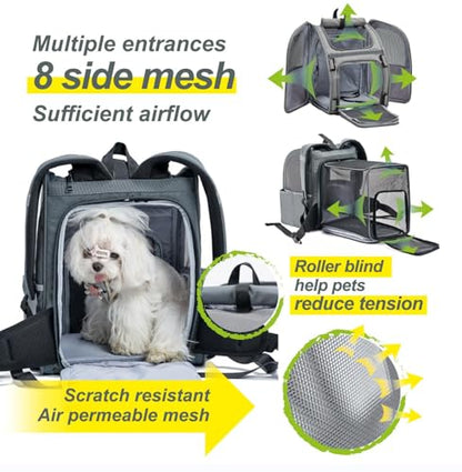 Expandable Pet Carrier, Airline-Approved Foldable and Detachable Backpack, Fits 13lbs Cat&11lbs Small Puppy Dog, for Car Travel,Camping and Emergency Transportation and Shelter (Grey)