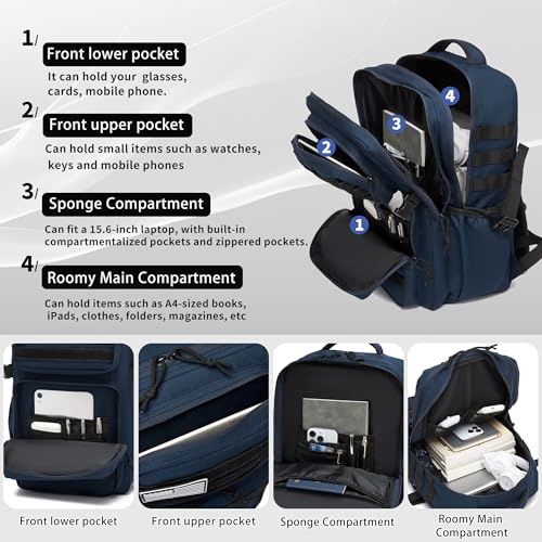 Wotony Military Tactical Backpack for Men Waterproof Daypack 3 Day Assault Pack Molle Bag with Water Bottle Holder - color: Blue, size: 35L