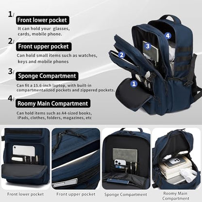 Wotony Military Tactical Backpack for Men Waterproof Daypack 3 Day Assault Pack Molle Bag with Water Bottle Holder - color: Blue, size: 35L