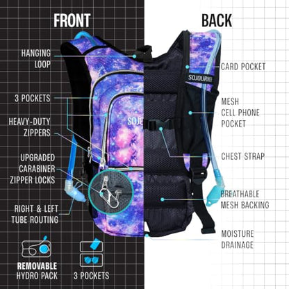 Sojourner Hydration Pack, Hydration Backpack - Water Backpack with 2l Hydration Bladder, Festival Essential - Rave Hydration Pack Hydropack Hydro for Hiking, Running, Biking, Festival Gear - color: Galaxy