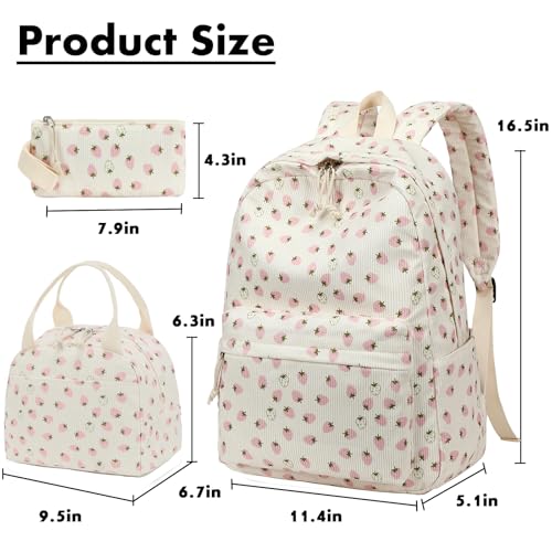Bluboon School Backpack Set Girls Womens Laptop Bookbag Casual Daypack Fits 15 inch Laptop with Lunch Tote Bag and Pencil Bag - color: Corduroy White Pink Strawberry