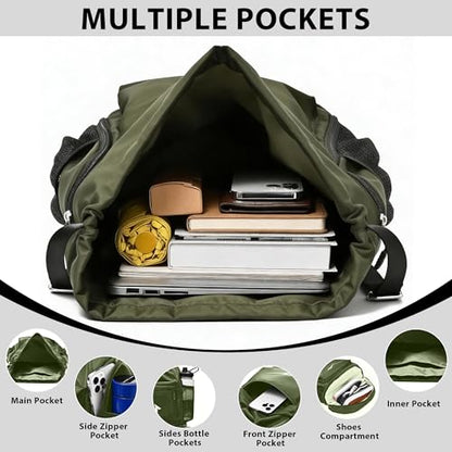 Sport Drawstring Backpack, Gym Bag with Mesh Side Pockets and Separate Shoe Compartment, Water-Resistant (Army-Green) - color: Army-green
