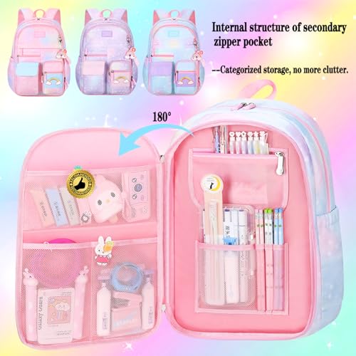 Jcobvig Rainbow Backpack For Girls Kids,Cute Student School Backpack With Pen Bag,Aesthetic Starry Rainbow Laptop Travel Bag - color: Blue, size: Medium