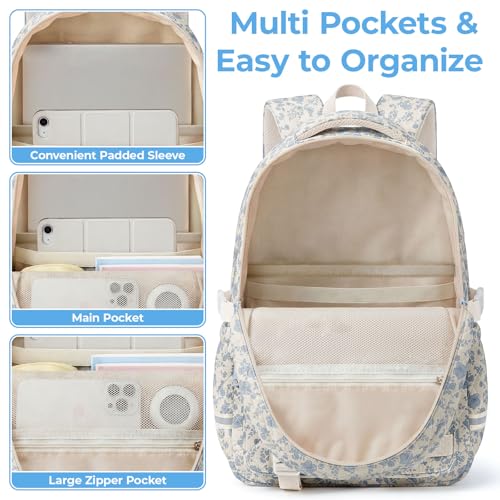 Quilted Backpack for Teen Girls, Cute Blue Floral School Backpack with Multi-Pocket Design, Lightweight Cotton Bookbag Fits 15.6" Laptop, Large Capacity Aesthetic Backpack with Plush Charm - color: Blue Floral