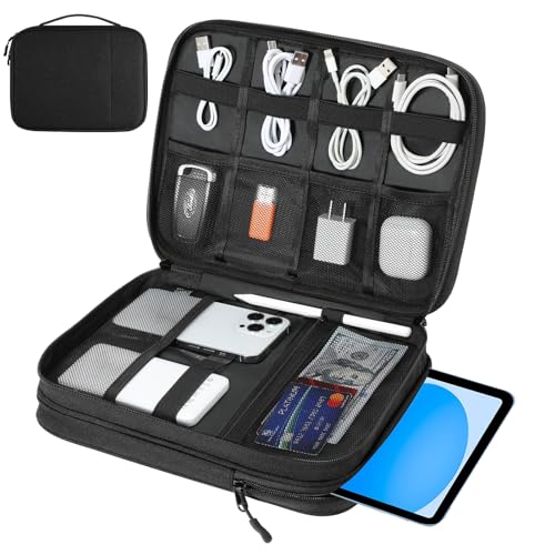 Dadanism Electronics Travel Organizer Case, Double Layers Cord Organizer Travel All-in-One Storage Bag for Cable, Cord, iPad, Chargers, fits 9-11'' Tablets, Portable Tech Accessories Bag, Black - color: Black