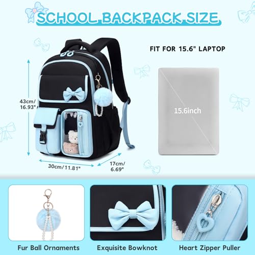 Girls Backpack, School Backpack for Girls, Cute Bow Kids Bookbag for Grils Children Teens for Elementary Middle High School Student, Back To School, Black Blue - color: Black Blue