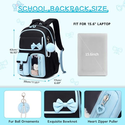 Girls Backpack, School Backpack for Girls, Cute Bow Kids Bookbag for Grils Children Teens for Elementary Middle High School Student, Back To School, Black Blue - color: Black Blue